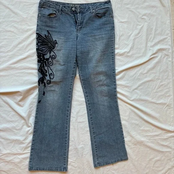 Vintage Blue and black butterfly beaded sequin embroidered low rise denim jeans